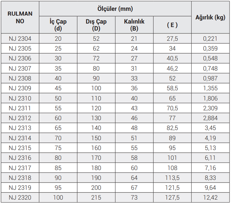 OBR NJ 2300 Serisi Rulmanlar